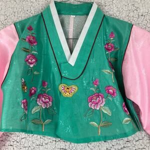 Korean Child Garment Jeogori Pink Green Stripe Floral Butterfly Embroider Hanbok